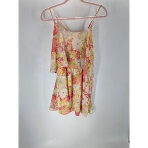 Forever 21 Contemporary Floral Tiered Mini Dress Yellow Pink XS Spaghetti Strap